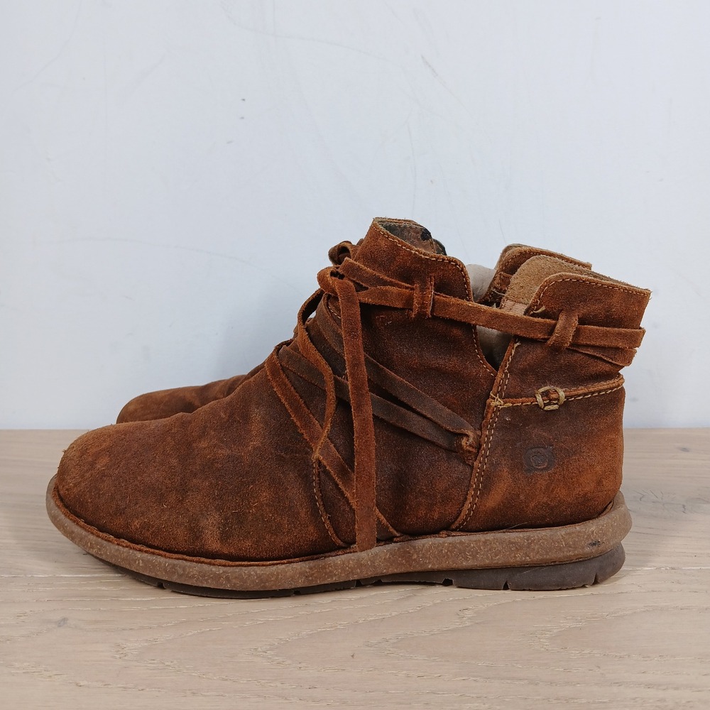 Born Ankle Boots Womens 6.5 Brown Leather Wrap Lace Comfort Winter Flat Casual